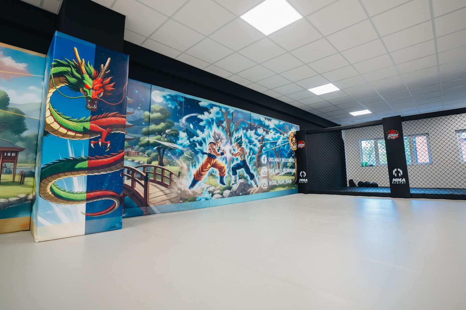 Personalizowane maty ścienne Róża Fight Team z motywem smoka i postaci anime. Grafika obejmuje także filar obok systemu Cage Wall.