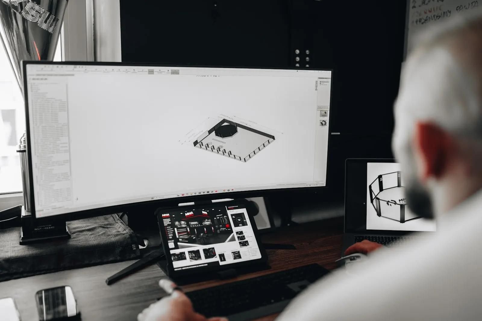 Projekt 3D sali treningowej na ekranie komputera – mata podłogowa z klatką MMA planowana przed produkcją