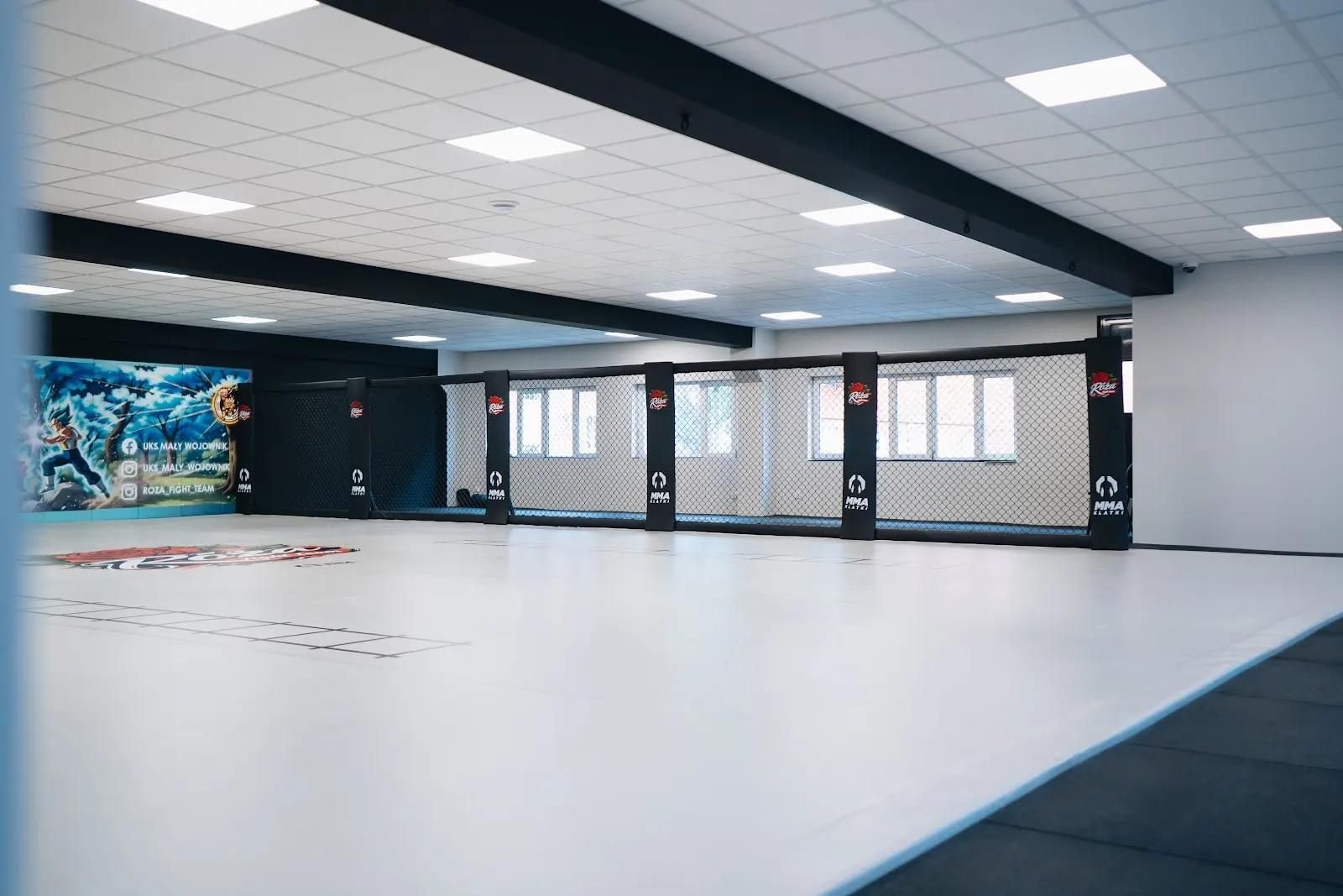 Jasna mata podłogowa w sali klubowej z panelami klatki MMA przy oknach i grafiką klubową na ścianie