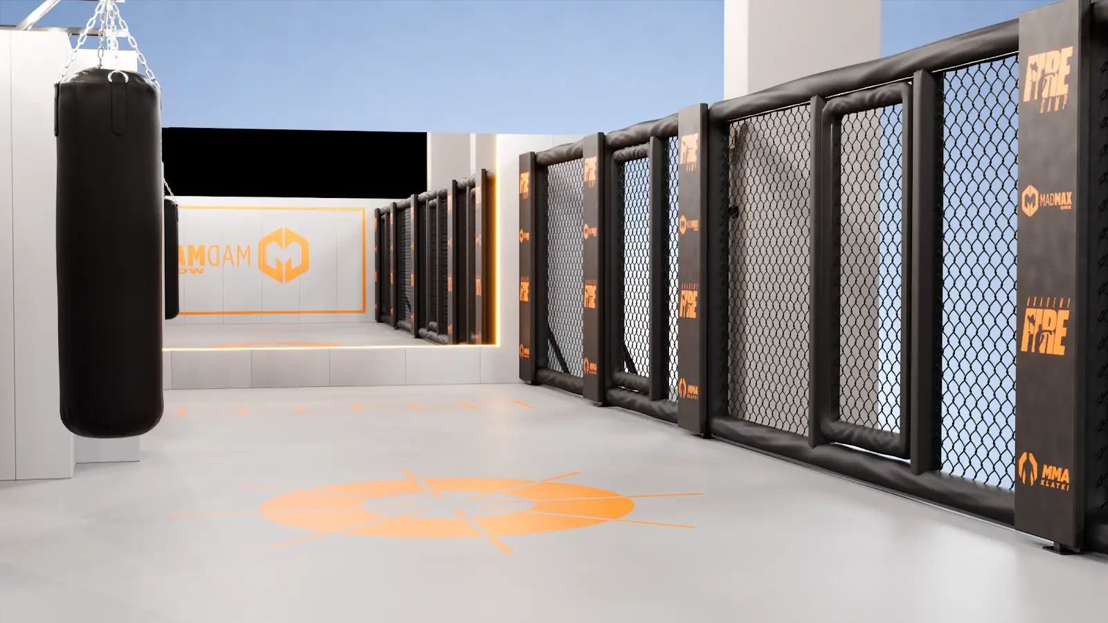 Wizualizacja 3D ściany Cage Wall z czarnymi osłonami słupków i logo klubu, worek treningowy, szara mata