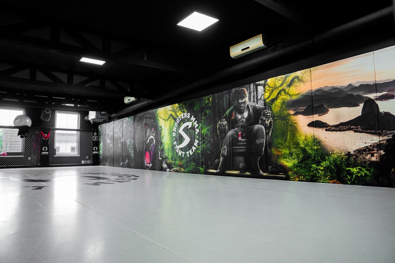Jasna mata i maty ścienne z muralem goryla w dżungli w Shooters Gym Konin