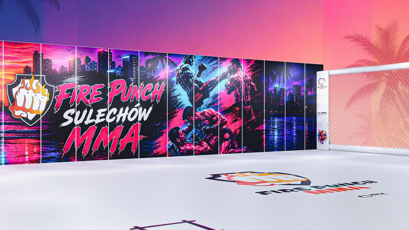 Wizualizacja 3D ściany z grafiką Fire Punch Sulechów MMA: motyw zachodu słońca i panoramy miasta na panelach, logo klubu na macie podłogowej