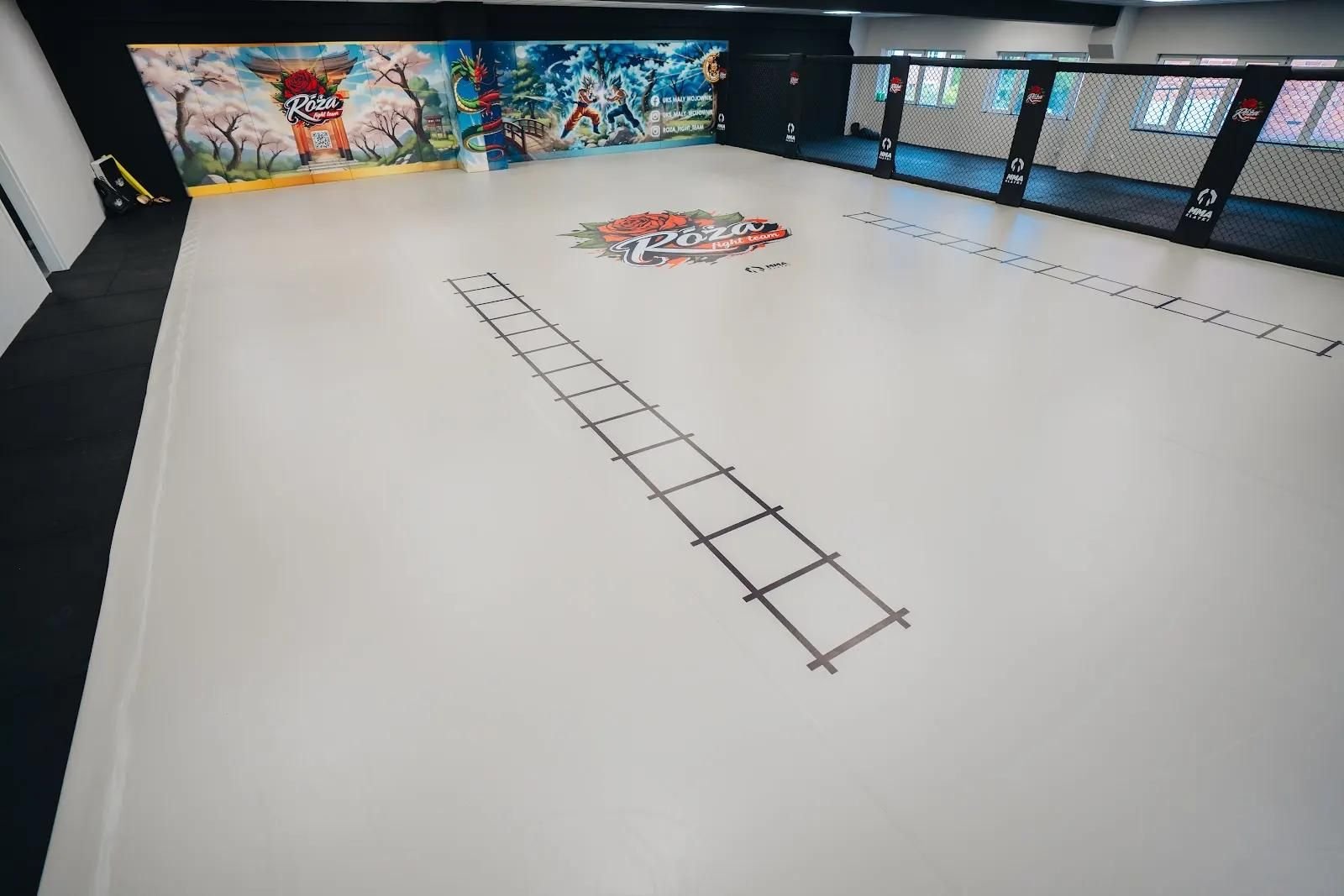 Biała mata podłogowa z logo Róża Fight Team i dwiema drabinkami, obok panele klatki MMA i mural