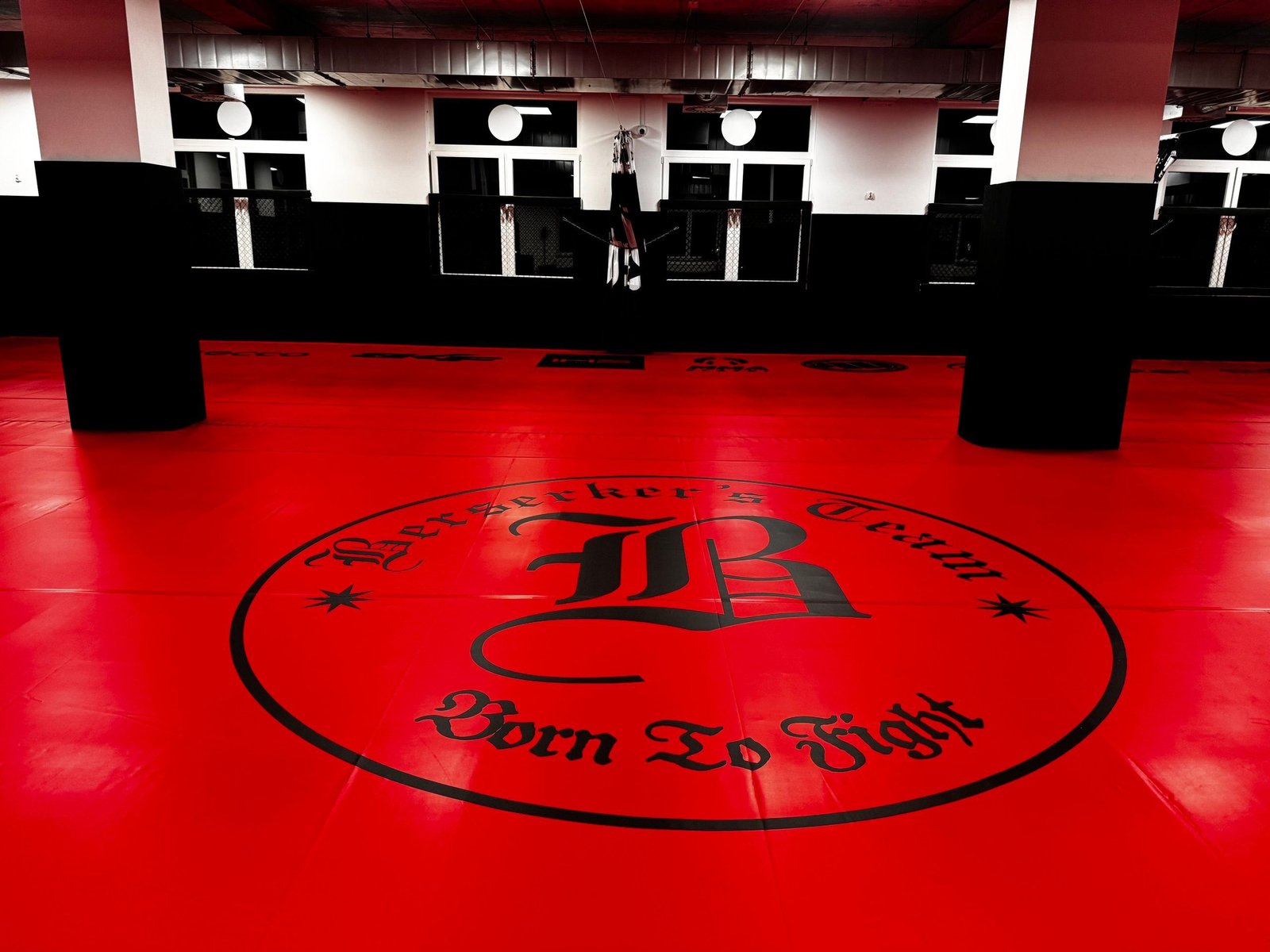 Sala Open Space BT Gym z czerwoną matą z logo Berserker's Team i czarnymi matami ściennymi