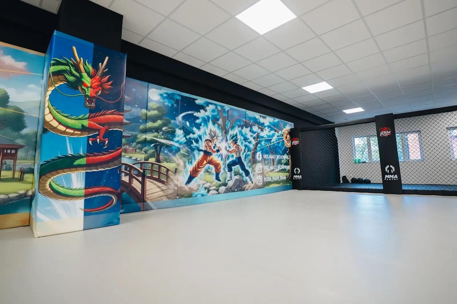 Sala treningowa pod klucz: maty ścienne z nadrukiem, obłożony słup, klatka MMA i jasna mata podłogowa