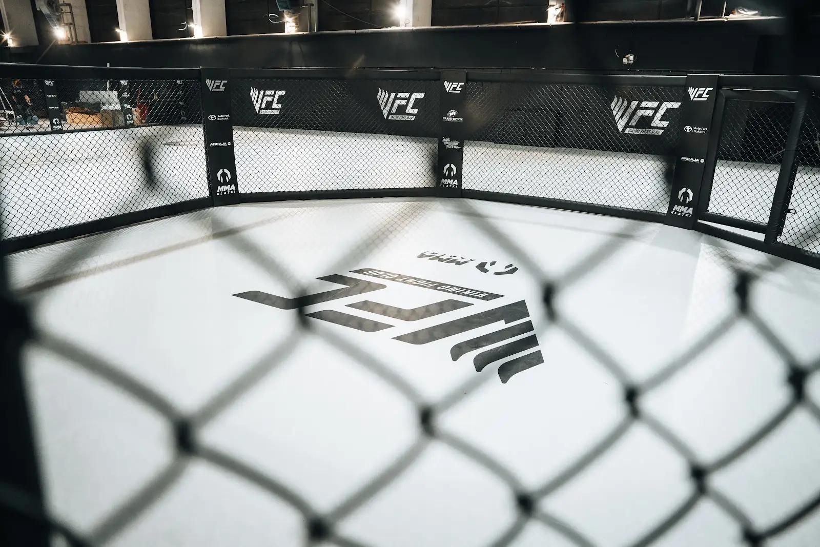 Wnętrze klatki MMA widziane przez siatkę, biała mata z logo organizacji i czarne obicia słupów
