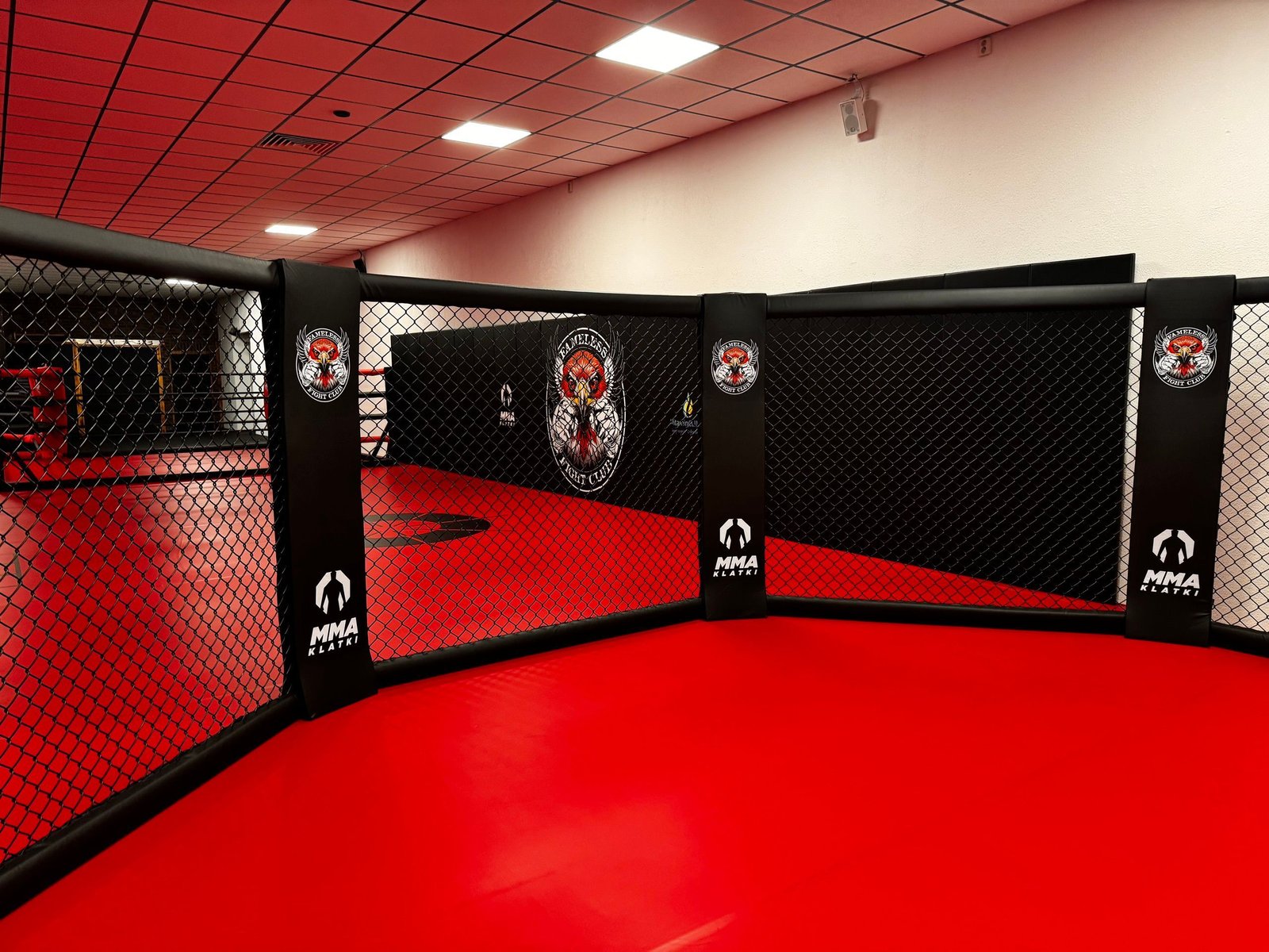 Wnętrze klatki MMA z panelami z logo Fameless Fight Club i czerwoną matą