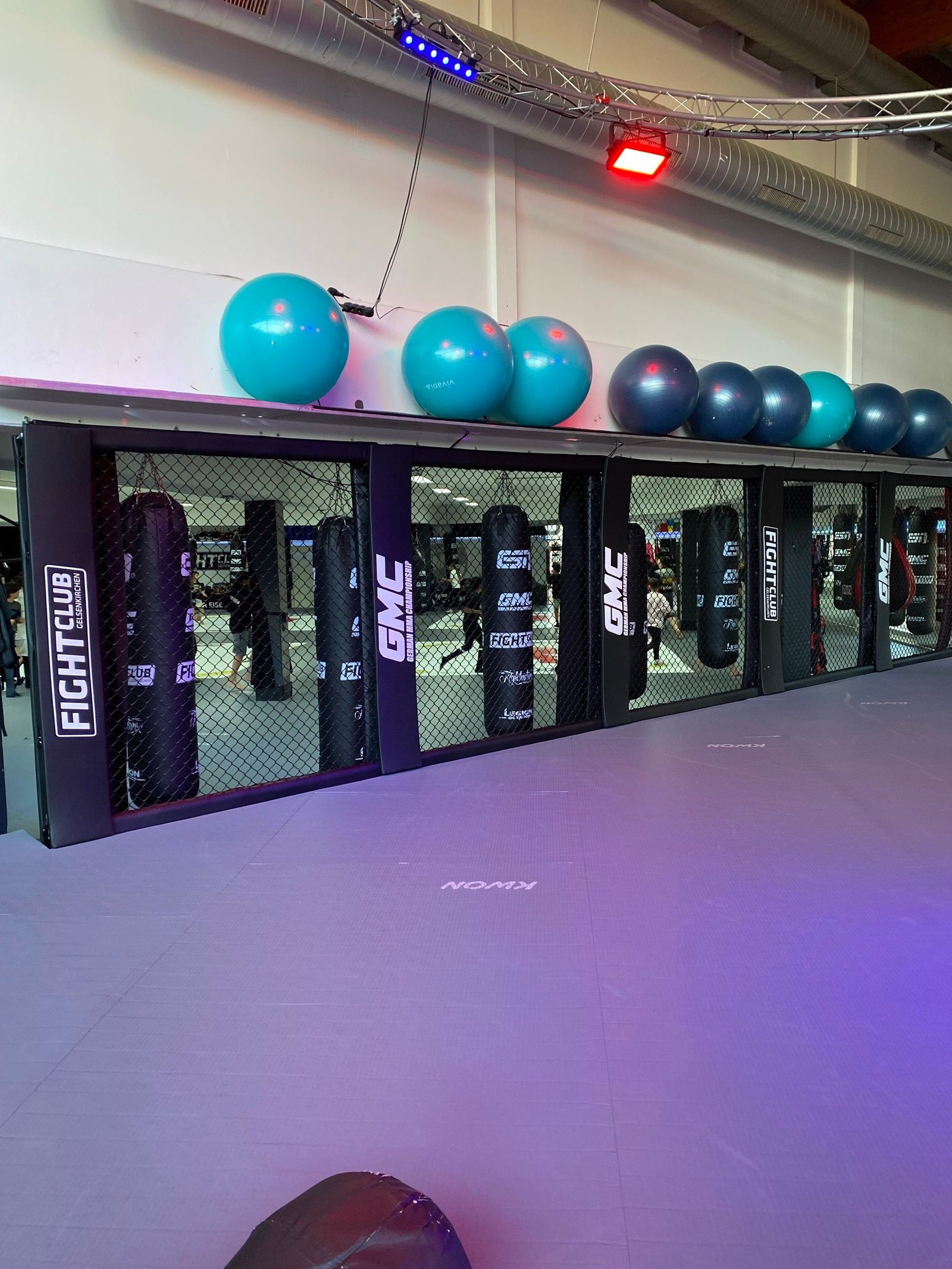 Panele klatki MMA z banerami klubowymi podczas wydarzenia w sali fitness