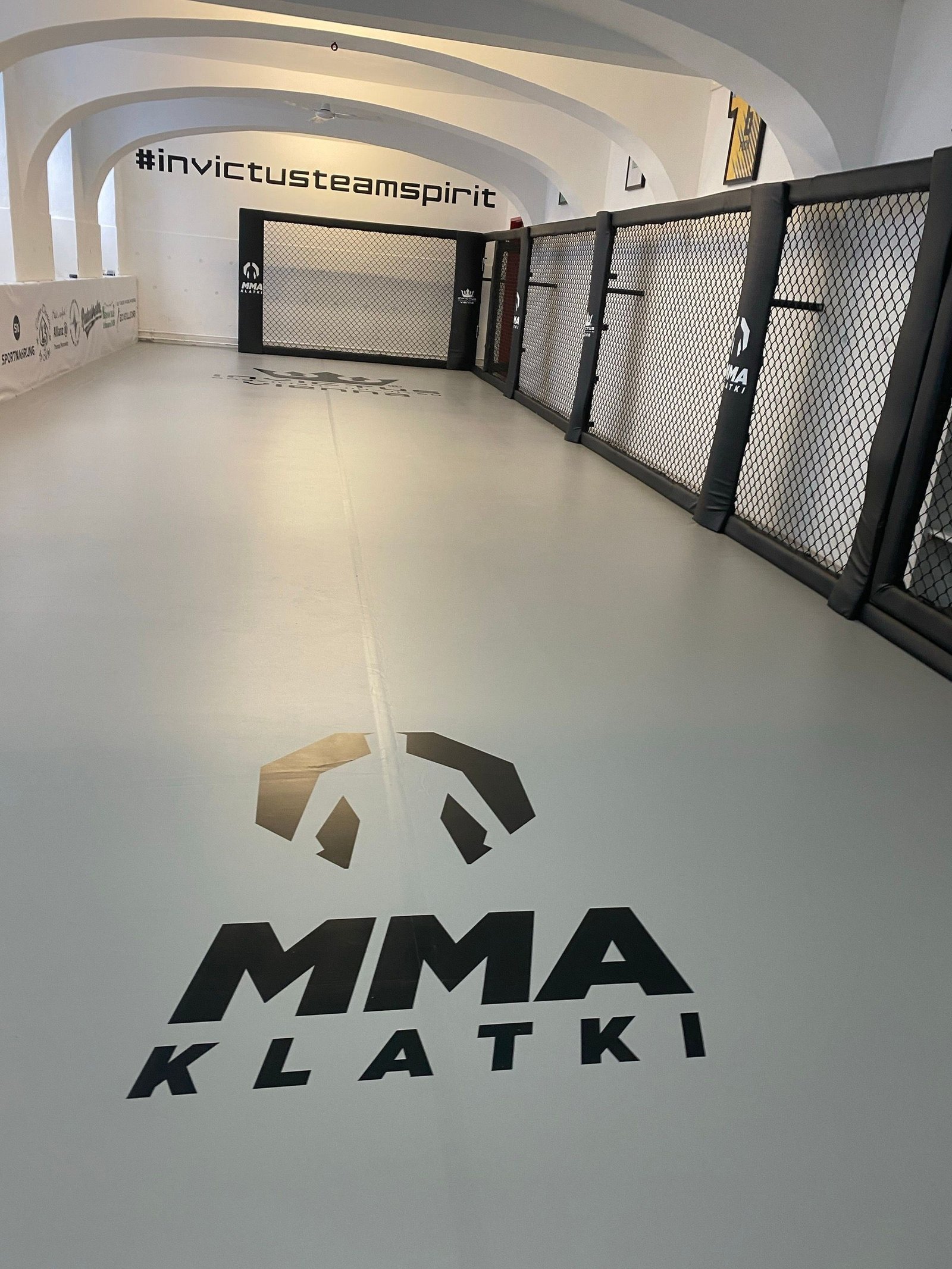 Szara mata z nadrukiem logotypów klubu wzdłuż paneli Cage Wall w sali Invictus BJJ Vienna