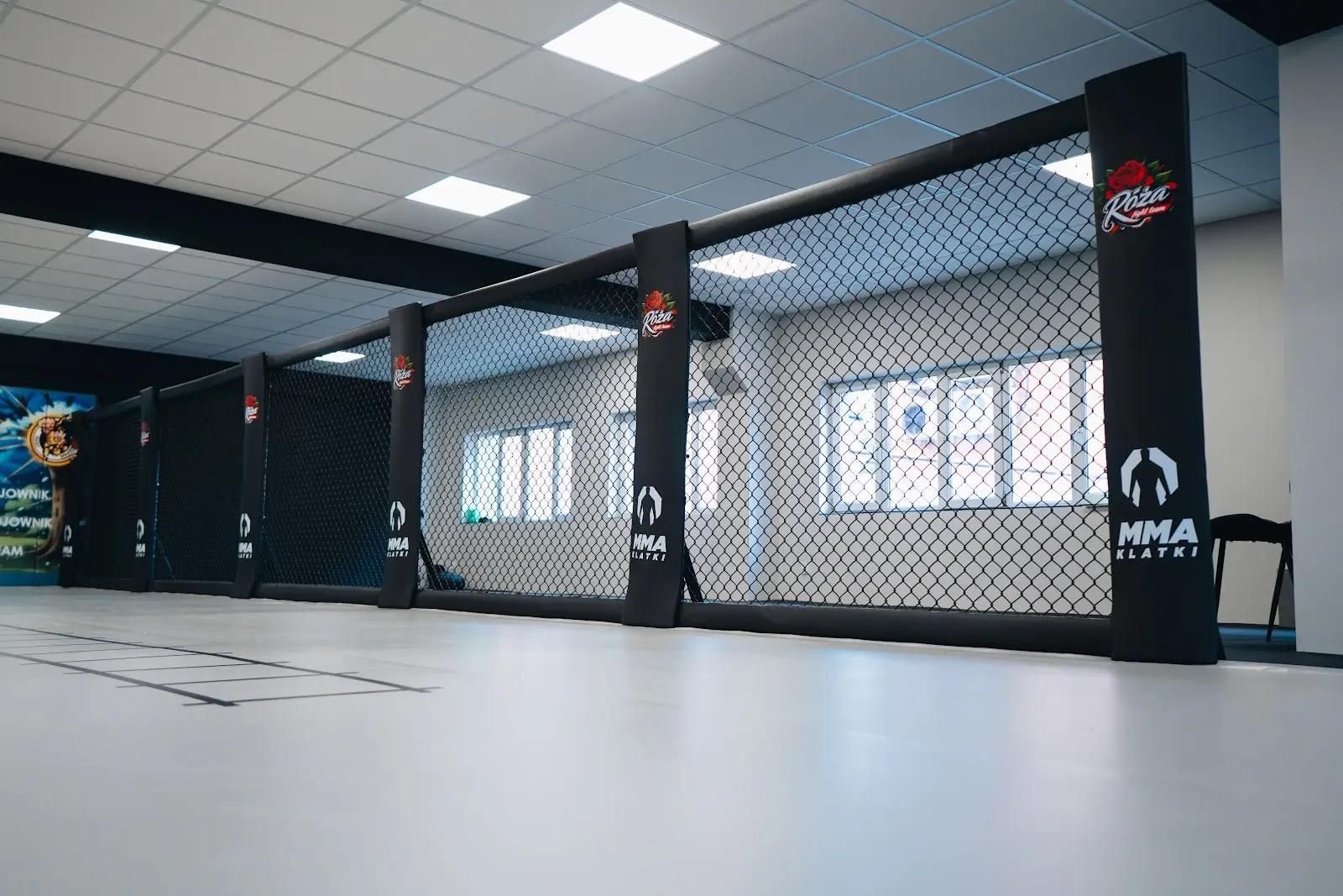 Ściana Cage Wall z czarnymi słupkami i siatką wzdłuż sali, jasnoszara mata, wyposażenie sali MMA pod klucz