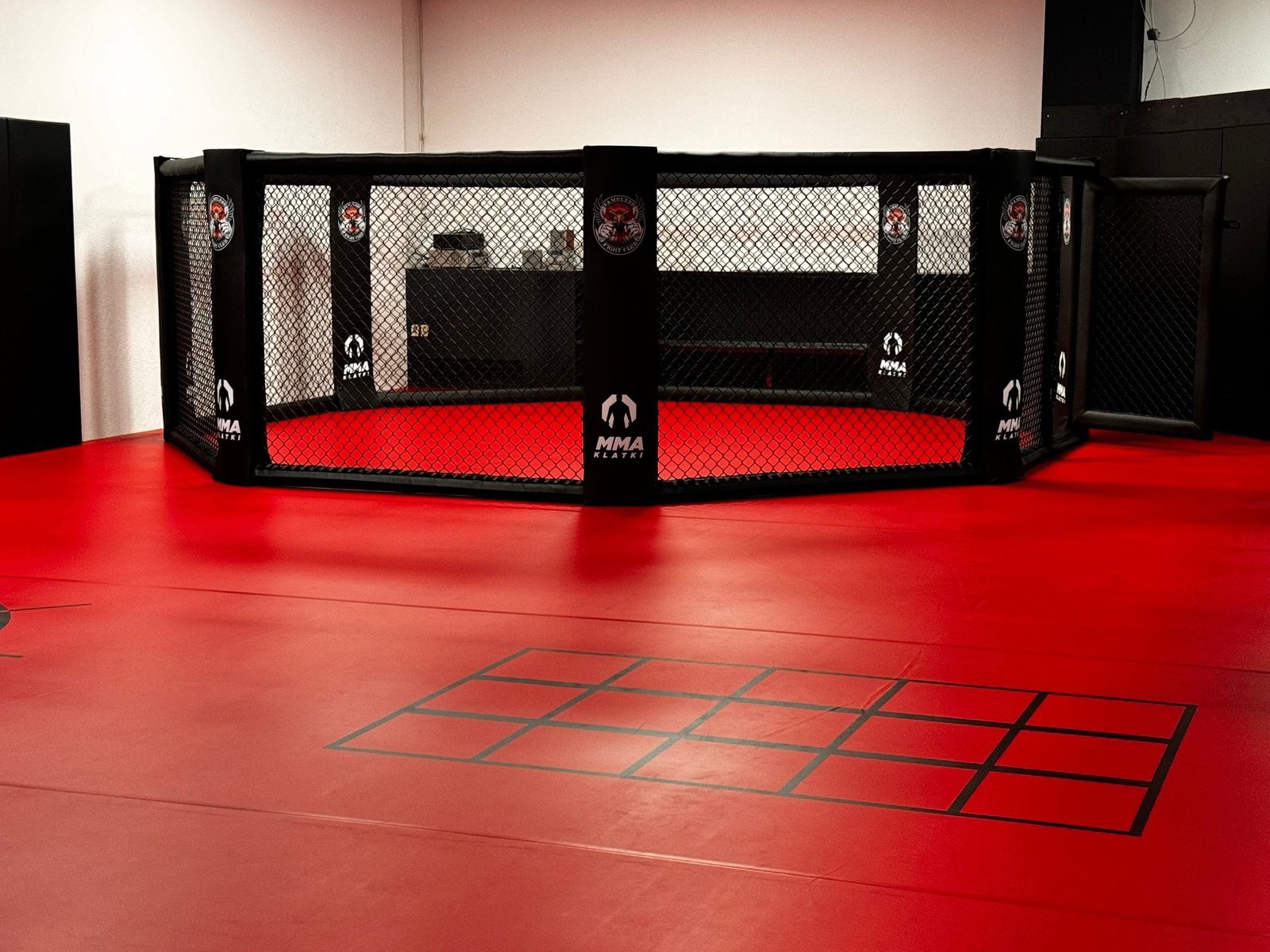 Klatka MMA PRO z czarną siatką na czerwonej macie z nadrukowaną drabinką koordynacyjną